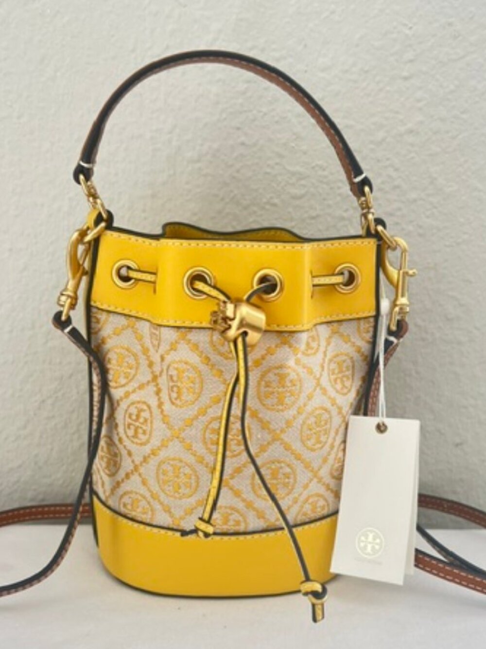 Tory Burch T Monogram Jacquard Yellow Mini Bucket/Shoulder Bag